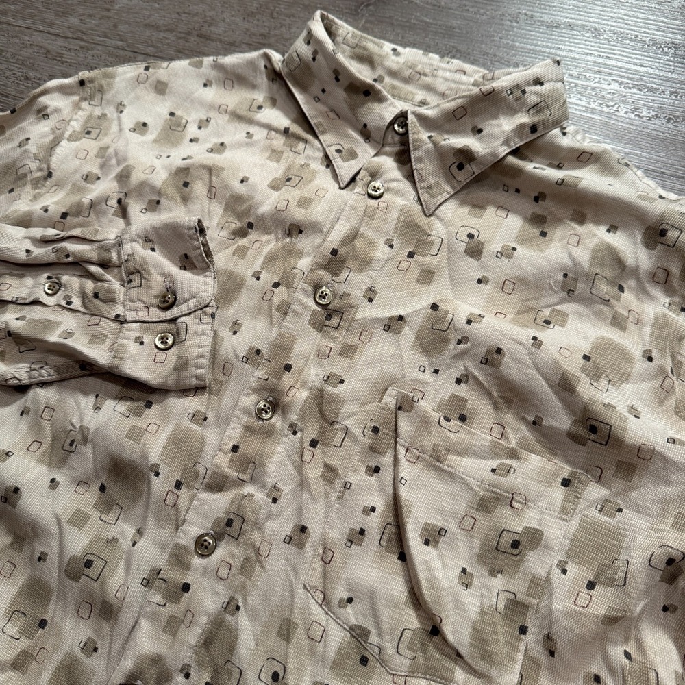 Murano Shirt Mens L Beige Geometric 100% Silk Retro Vacation Coastal Casual